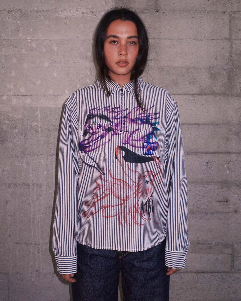 ANGEL STRIPED HALF ZIP WORK SHIRT - NATURAL 4