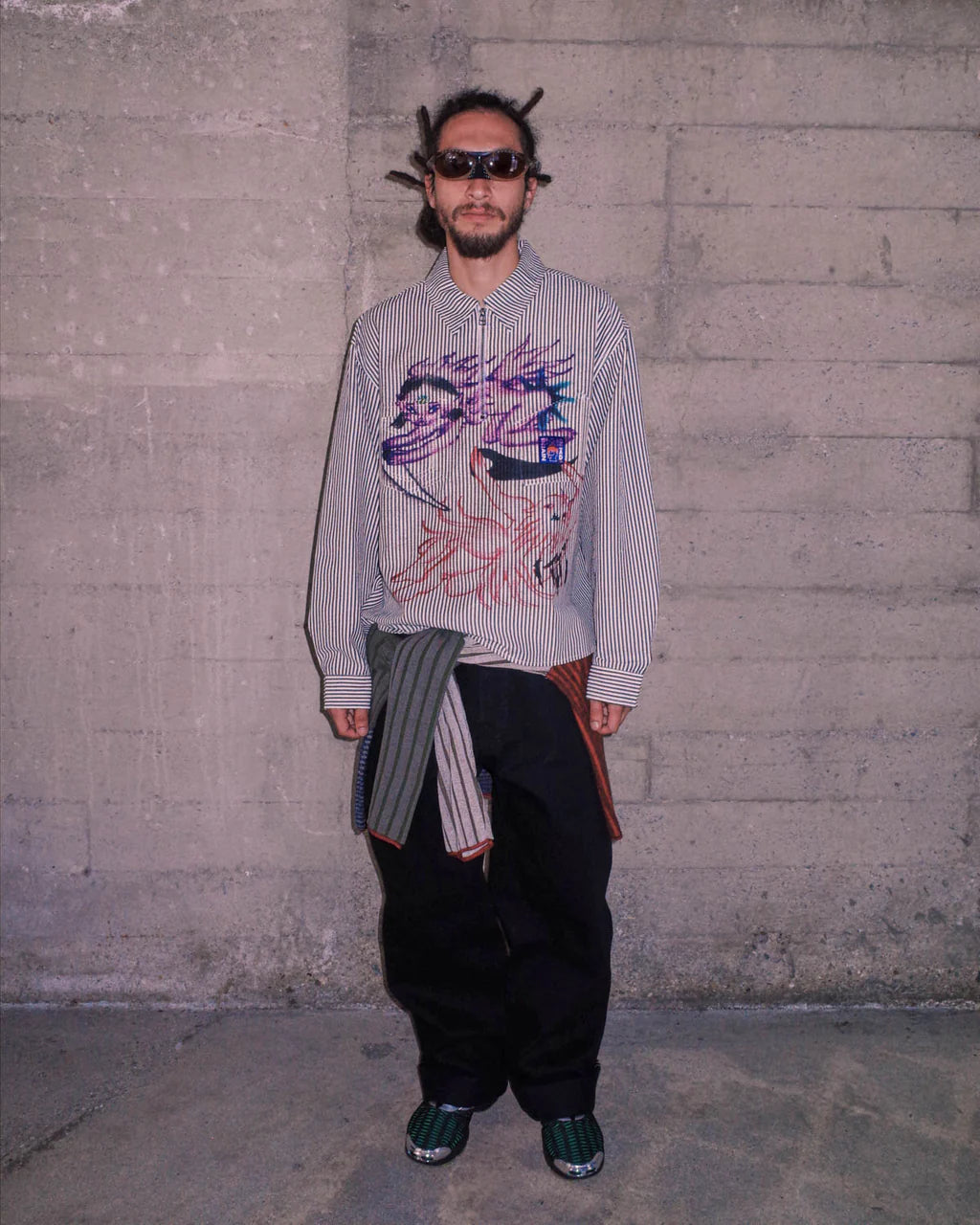 ANGEL STRIPED HALF ZIP WORK SHIRT - NATURAL 2