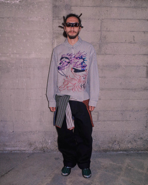 ANGEL STRIPED HALF ZIP WORK SHIRT - NATURAL 2