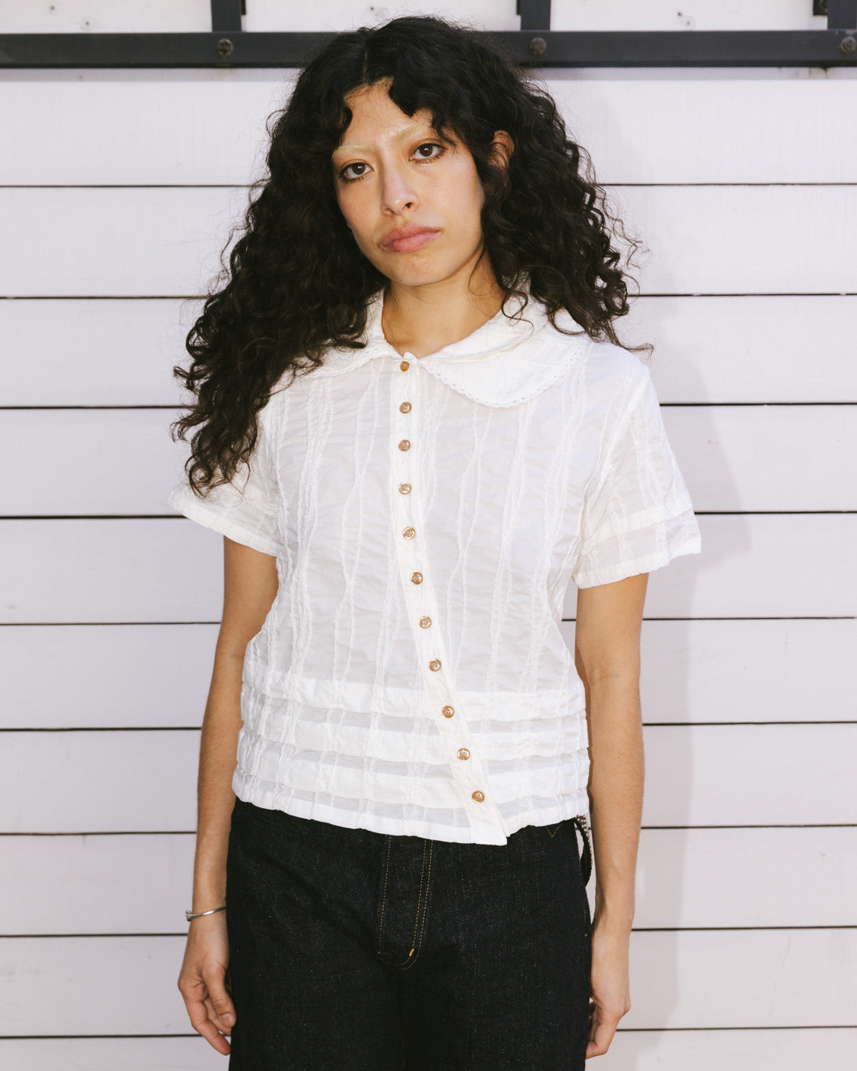 TWISTED SEERSUCKER BUTTON UP SHIRT - CREAM 3