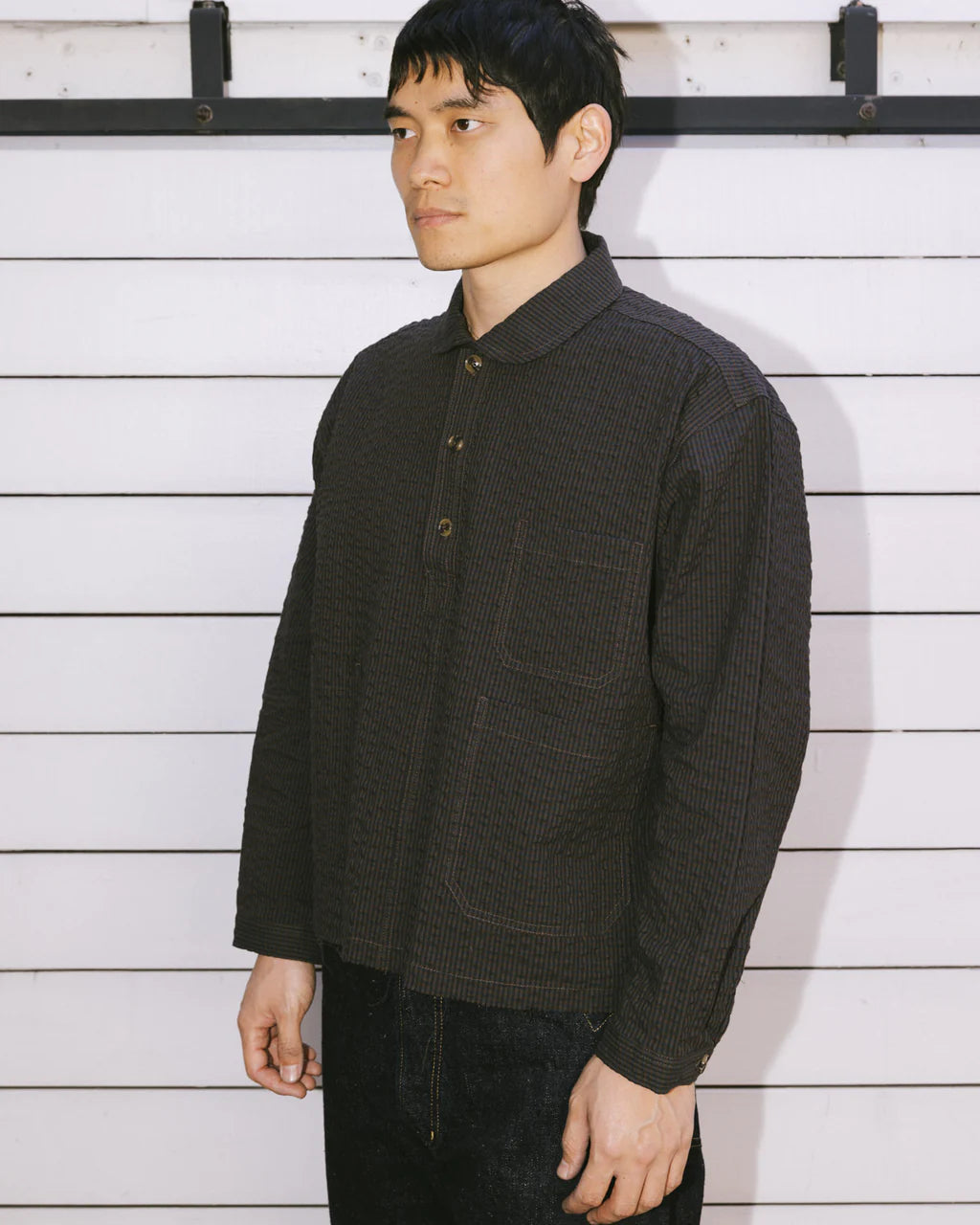 GINGHAM ROUND COLLAR SHIRT - BLACK 3