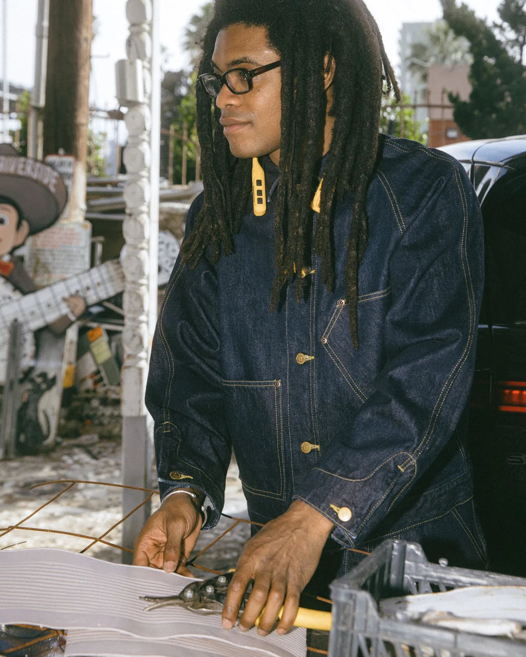 DENIM CROPPED ENGINEER JACKET - WASHED INDIGO 7